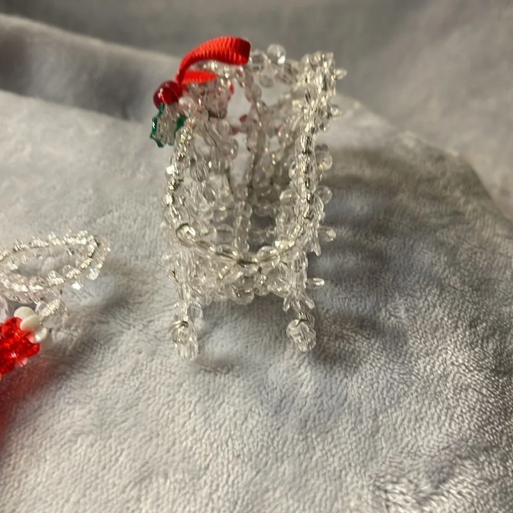 Vintage Beaded Mouse and Two Sleighs Red/Green/ Sparkle w/Holly Accents